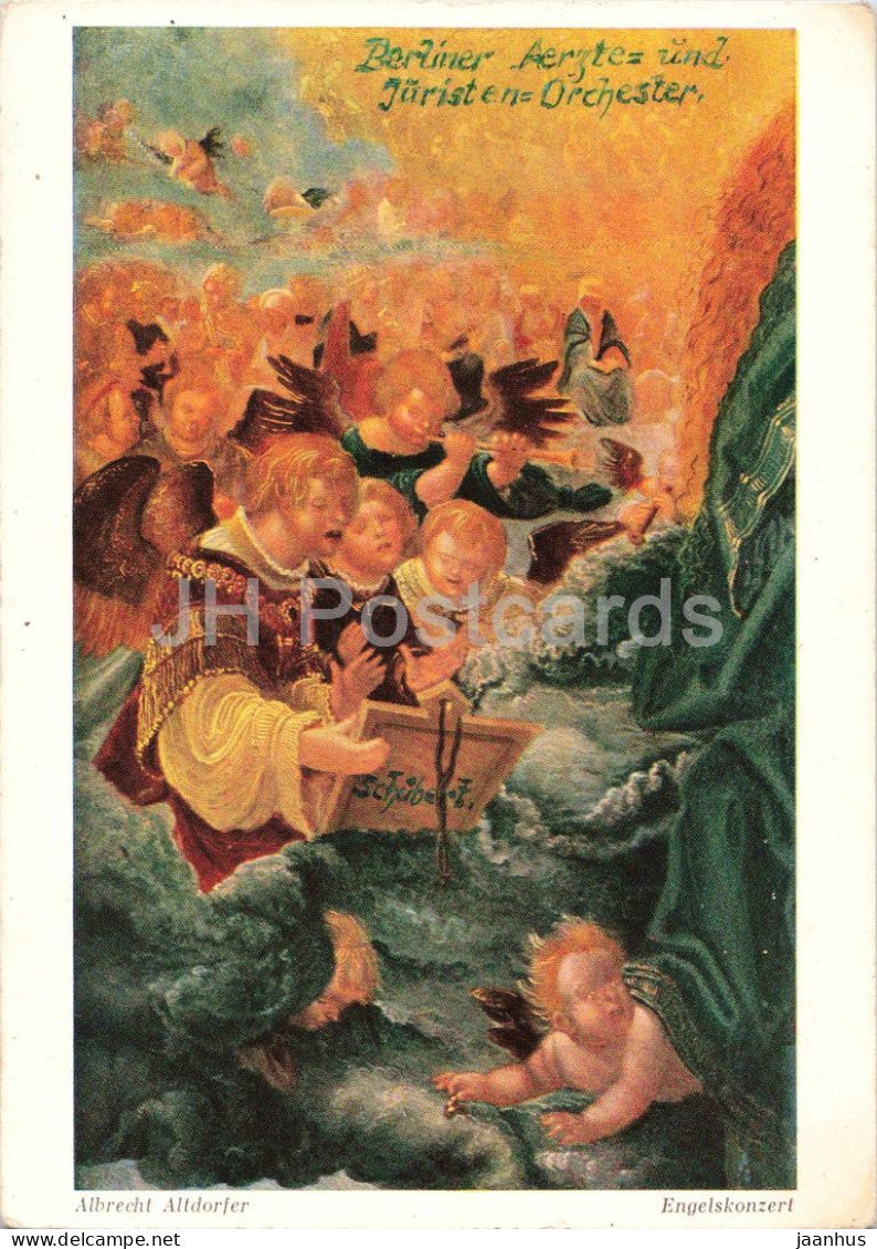 painting by Albrecht Altdorfer - Engelskonzert - Concert of Angels - German art - old postcard - 1957 - Germany - used - JH Postcards