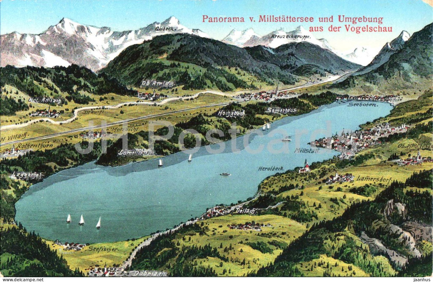 Panorama v. Millstattersee und Umgebung aus der Vogelschau - mountains - old postcard - 1928 - Austria - unused - JH Postcards