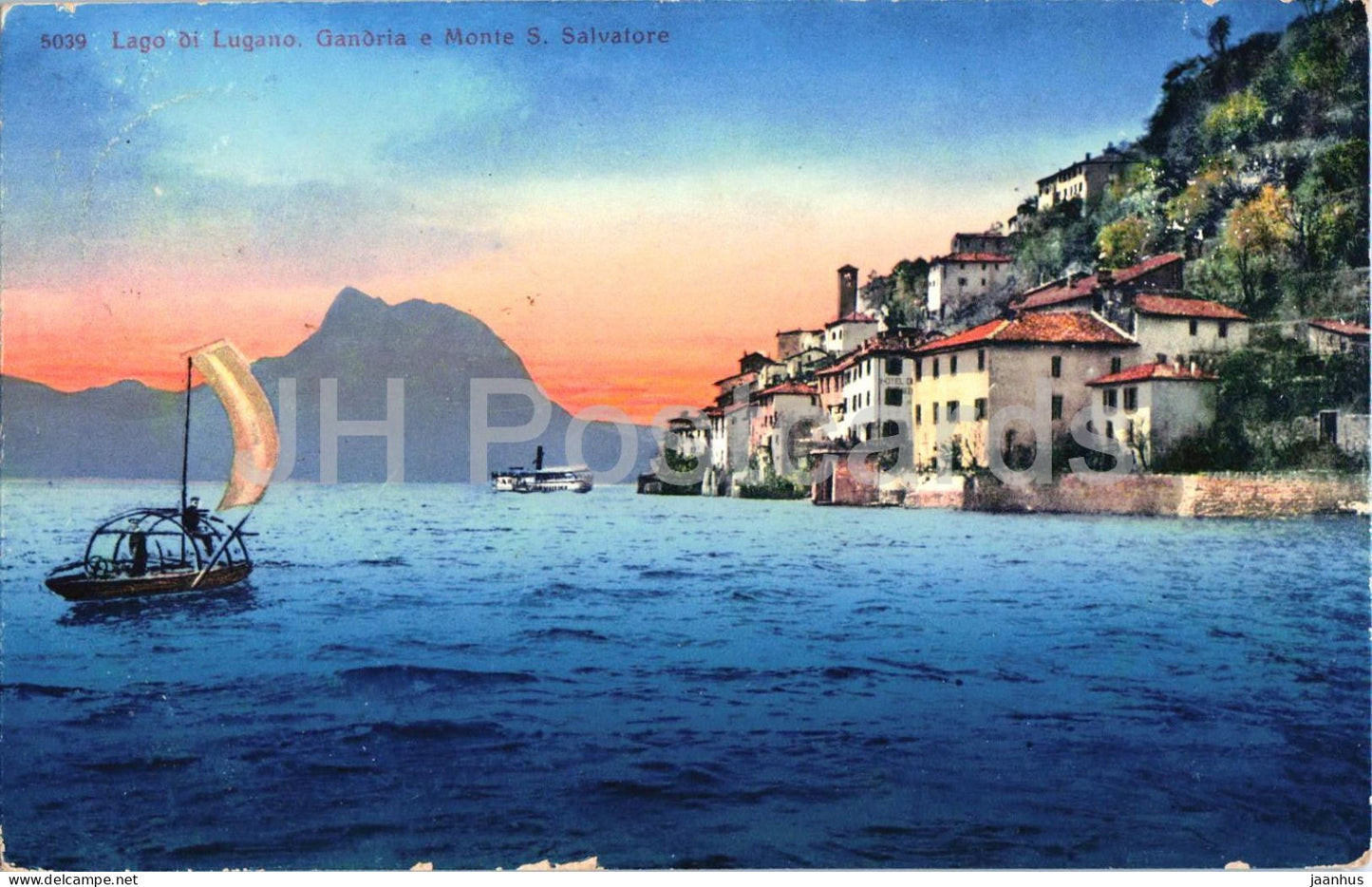 Lago di Lugano Gandria e Monte S. Salvatore - boat - Alps - lake - 5039 - old postcard - 1915 - Switzerland - used - JH Postcards