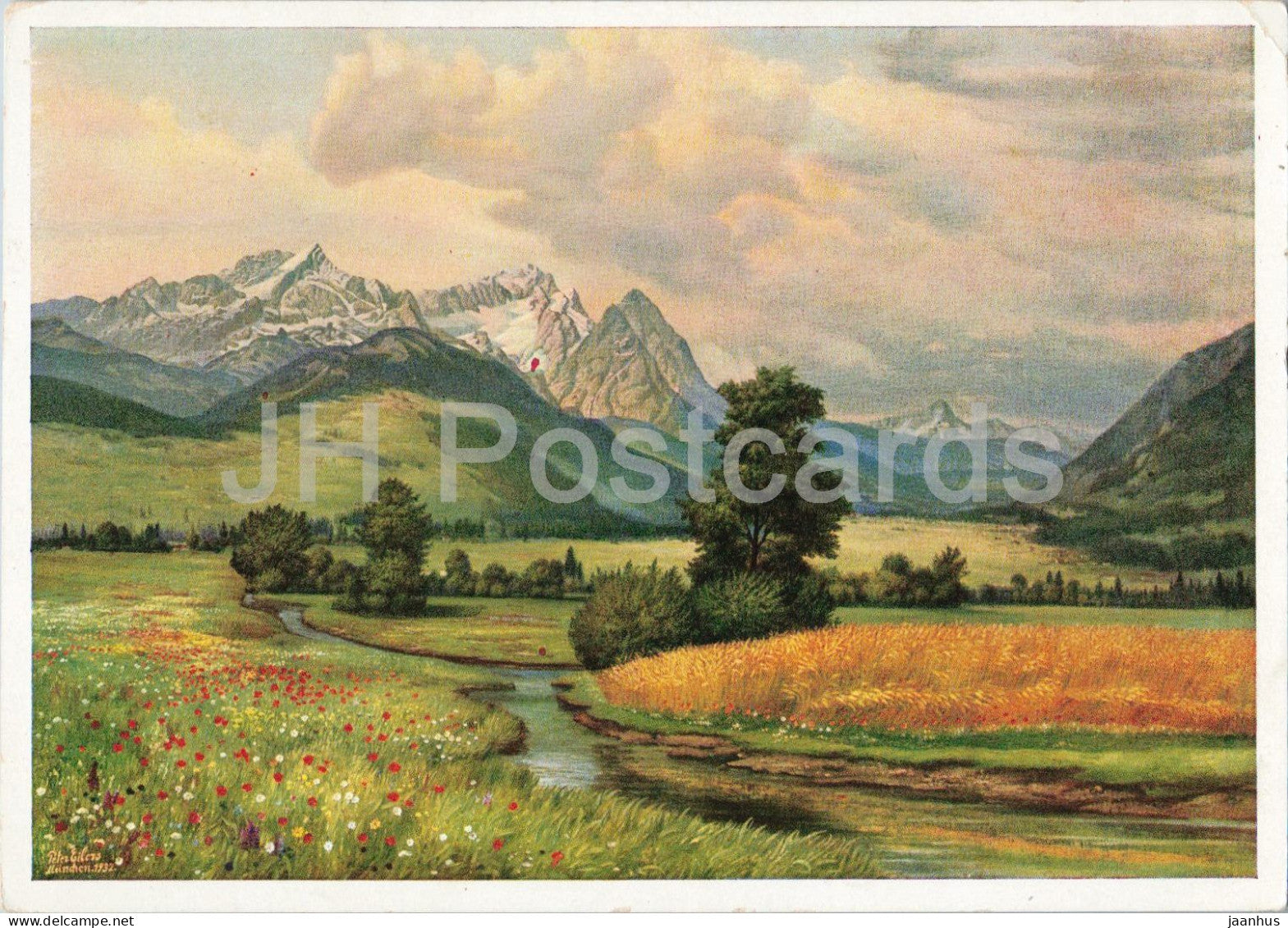 painting by Peter Eilers - Wetterstein Mountains - Wettersteingebirge - old postcard - 1942 - Germany - used - JH Postcards