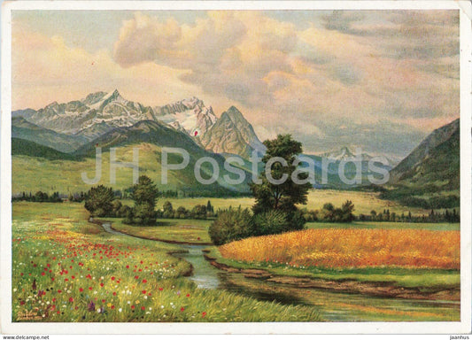 painting by Peter Eilers - Wetterstein Mountains - Wettersteingebirge - old postcard - 1942 - Germany - used - JH Postcards