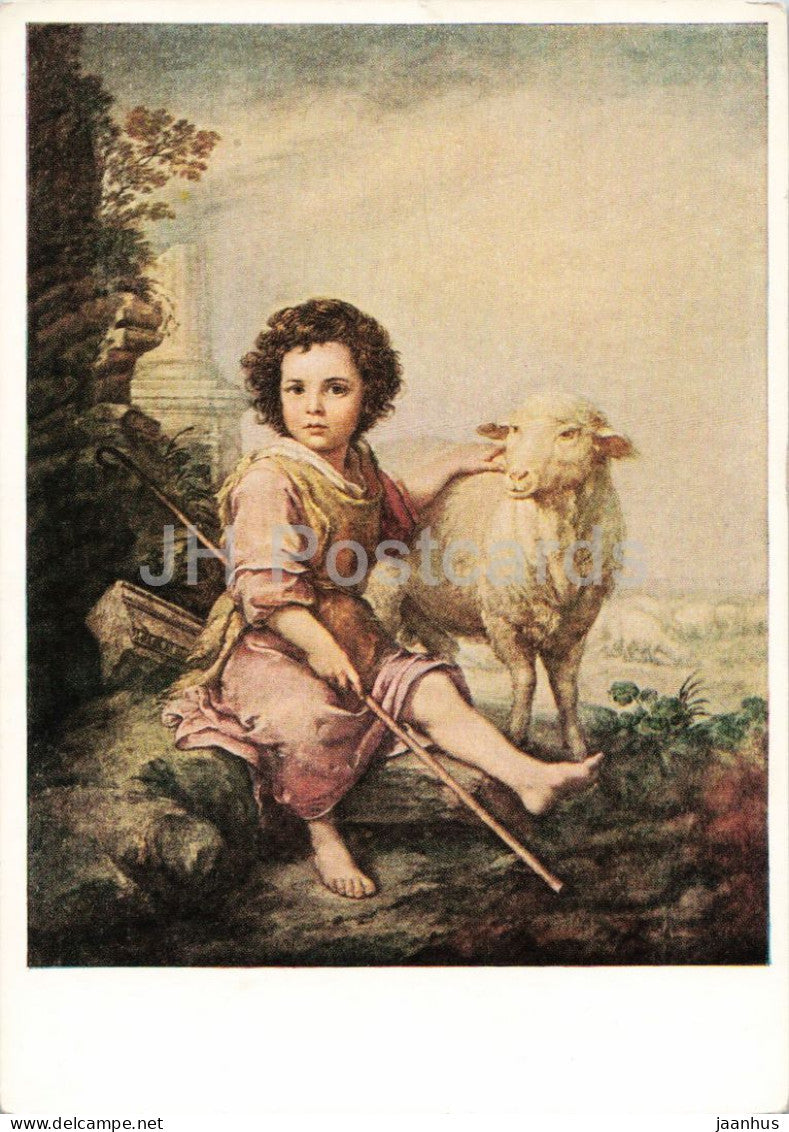 painting by Murillo - The Good Shepherd - Der gottliche Schafer - sheep - Spanish art - 1955 - Germany DDR - unused - JH Postcards