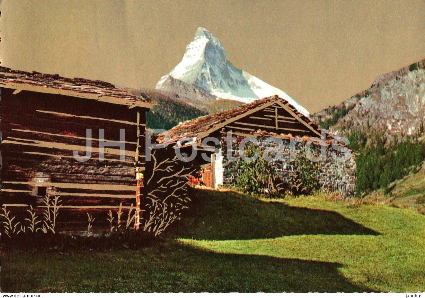 Matterhorn - Zermatt - Alpine Hut - Alps - mountains - iconic peak - art - illustration 7544 - 1980 - Switzerland - used - JH Postcards