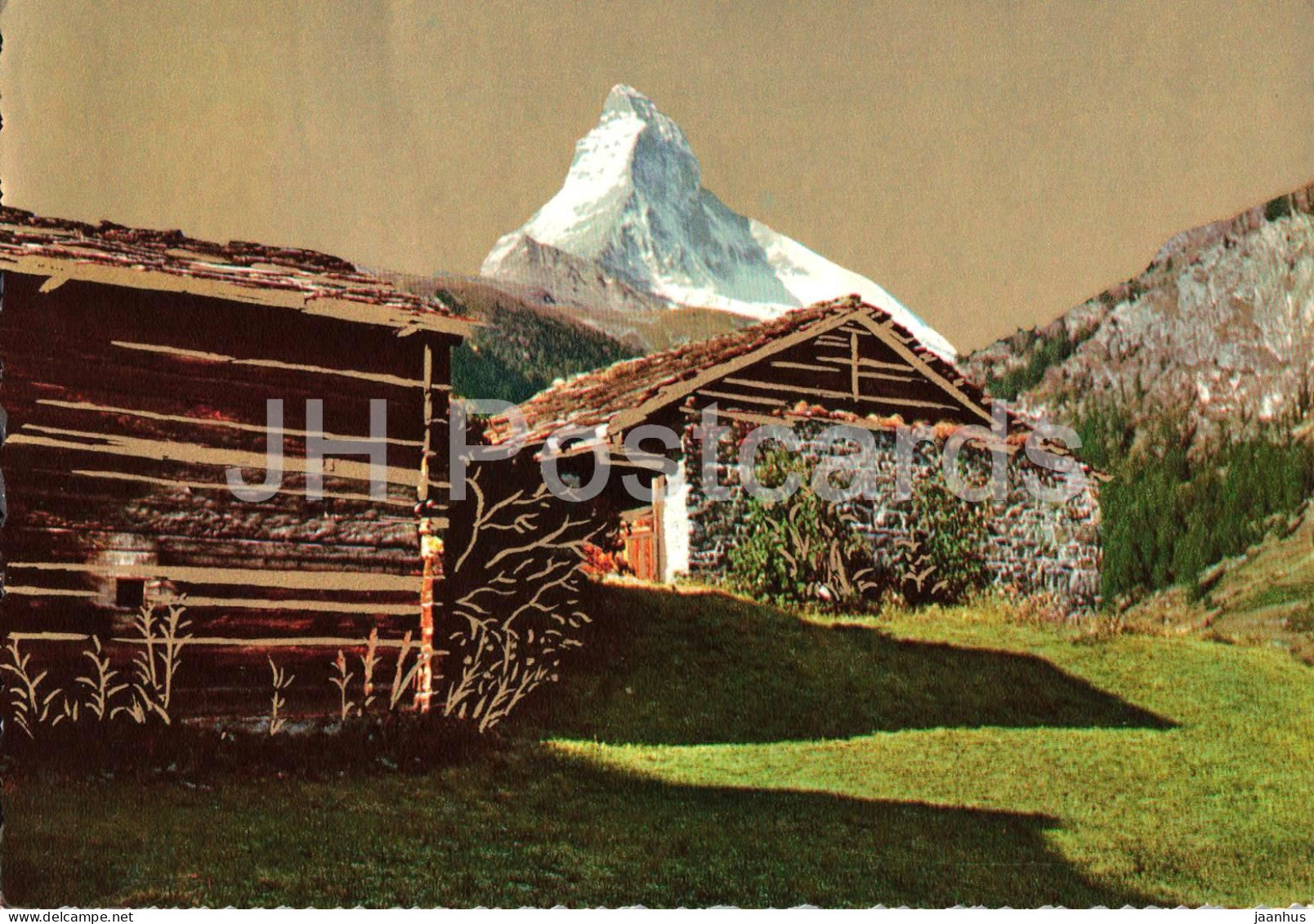 Matterhorn - Zermatt - Alpine Hut - Alps - mountains - iconic peak - art - illustration 7544 - 1980 - Switzerland - used - JH Postcards