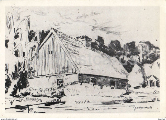 drawing by Jozef Witkowski - Wiktorowka cottage in Goluchow - Polish art - 1984 - Poland - unused - JH Postcards