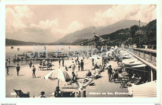 Millstatt am See - Strandbad - beach - bathers - umbrellas - leisure - old postcard  1935 - Austria  used - JH Postcards