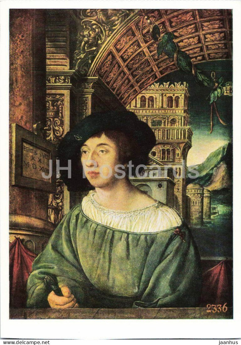 painting by Ambrosius Holbein - Portrait of a Young Man - Bildnis eines jungen Mannes - German art Germany DDR - unused - JH Postcards