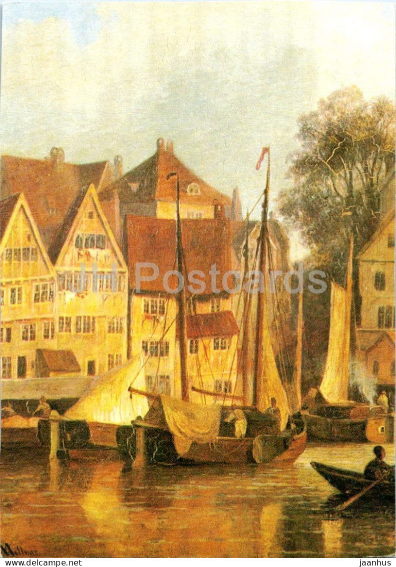 painting by Adolph Friedrich Vollmer - The Little Alster before - Kleine Alster - boat - German art - Germany - unused - JH Postcards