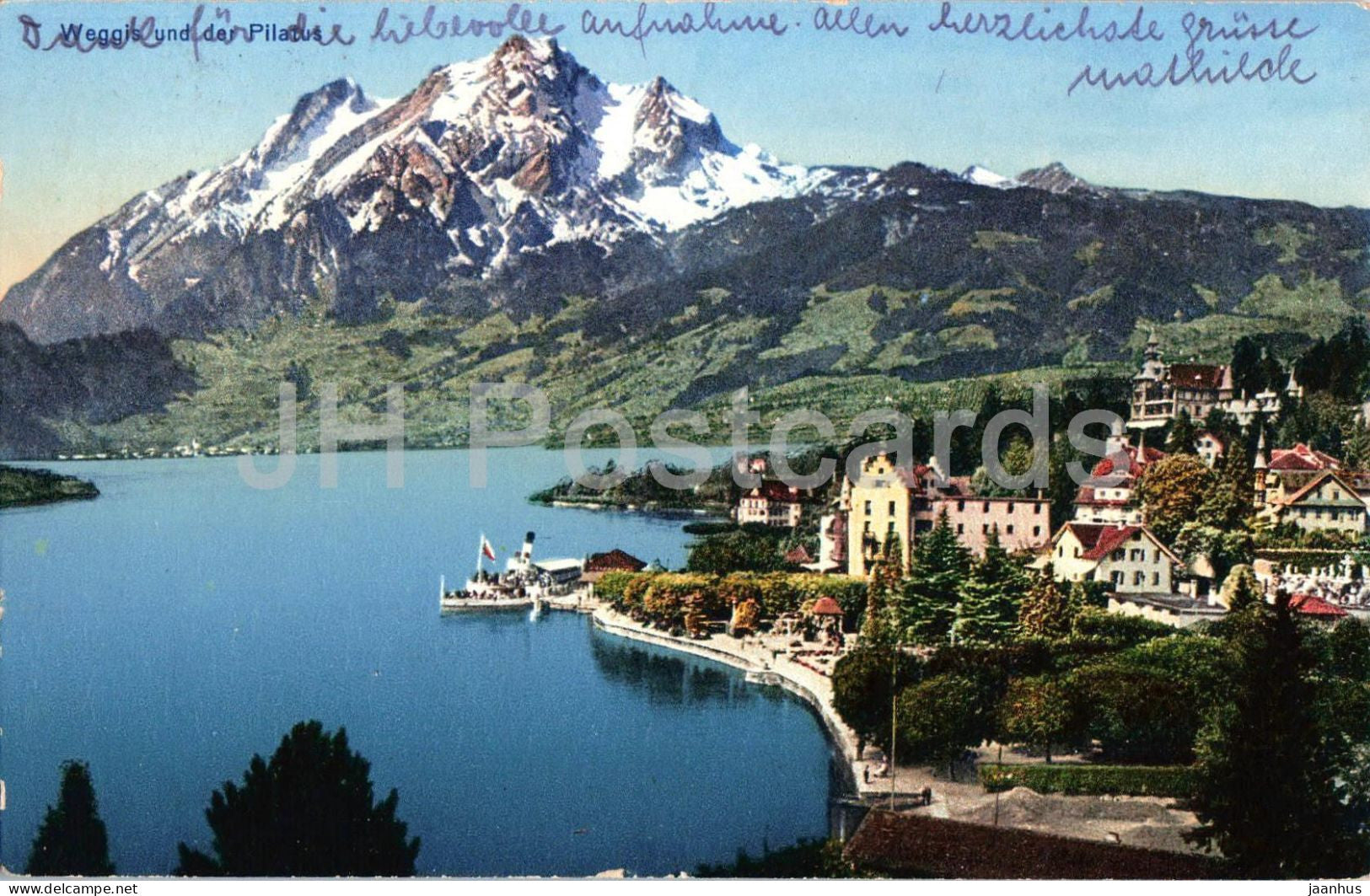 Weggis und der Pilatus - lake - Alps - mountains - 5652 - old postcard - 1930 - Switzerland - used - JH Postcards