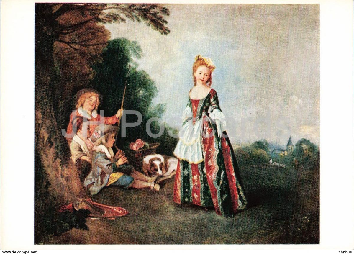 painting by Antoine Watteau - The Dance - Der Tanz - dog - French art - 1960s - Germany - unused - JH Postcards