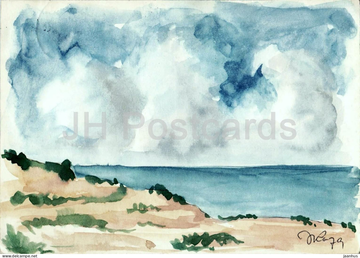 watercolor by J. Koppe - coastal landscape with dunes - hand painted postal card - 1979 - Germany - used - JH Postcards