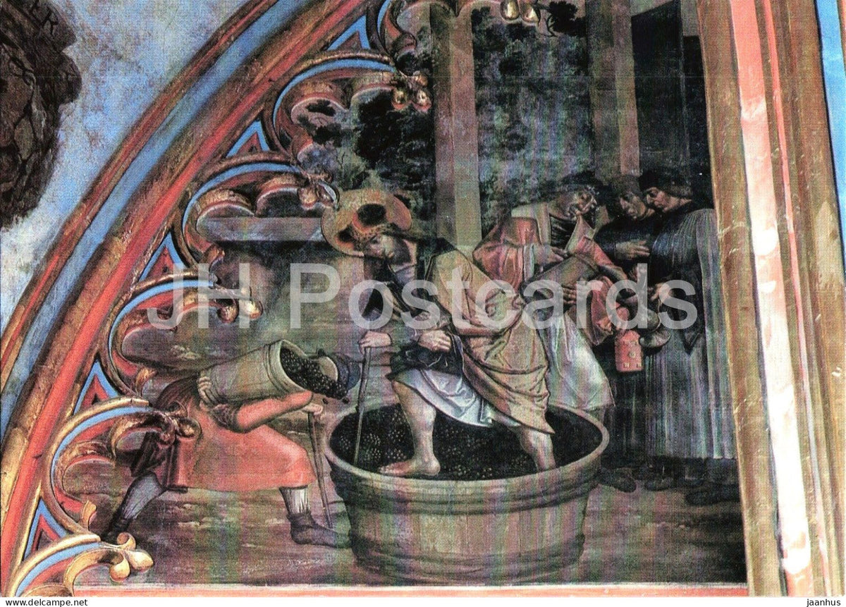 wall painting by Master of the Litomerice Altarpiece - Saint Wenceslas Pressing Wine - Czechoslovakia - unused - JH Postcards