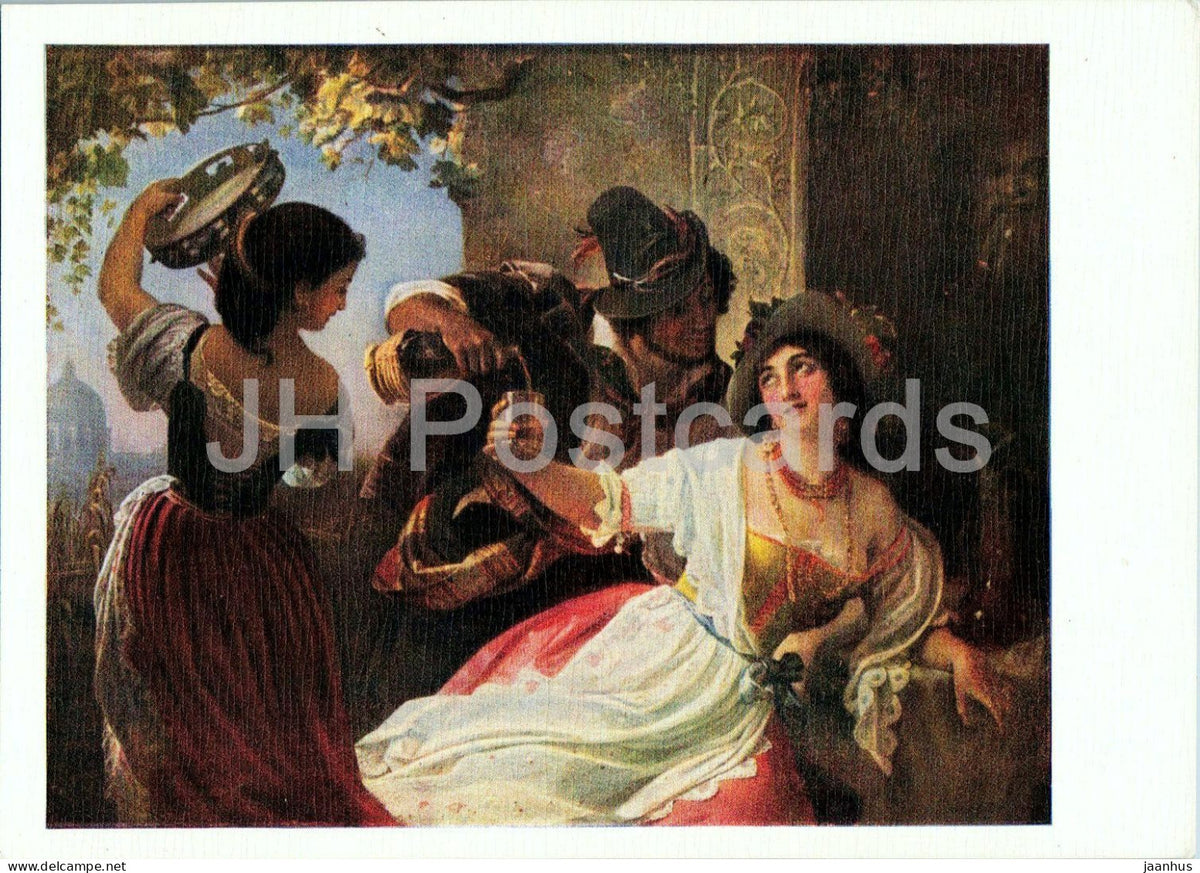painting by Pimen Orlov - October Festival in Rome - folk costumes - old postcard - 1958 - Russia USSR - unused - JH Postcards