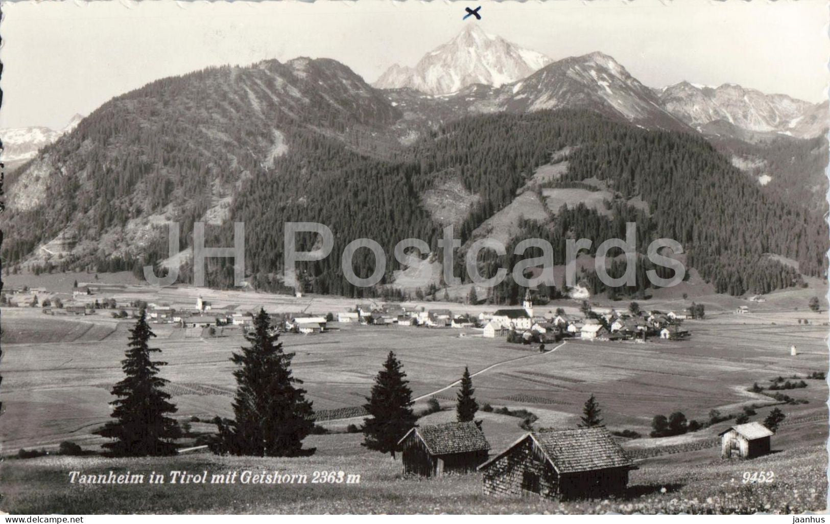 Tannheim in Tirol mit Geishorn 2363 m - alpine valley - vilage - mountains - 9452 - old postcard - 1956 - Austria - used - JH Postcards