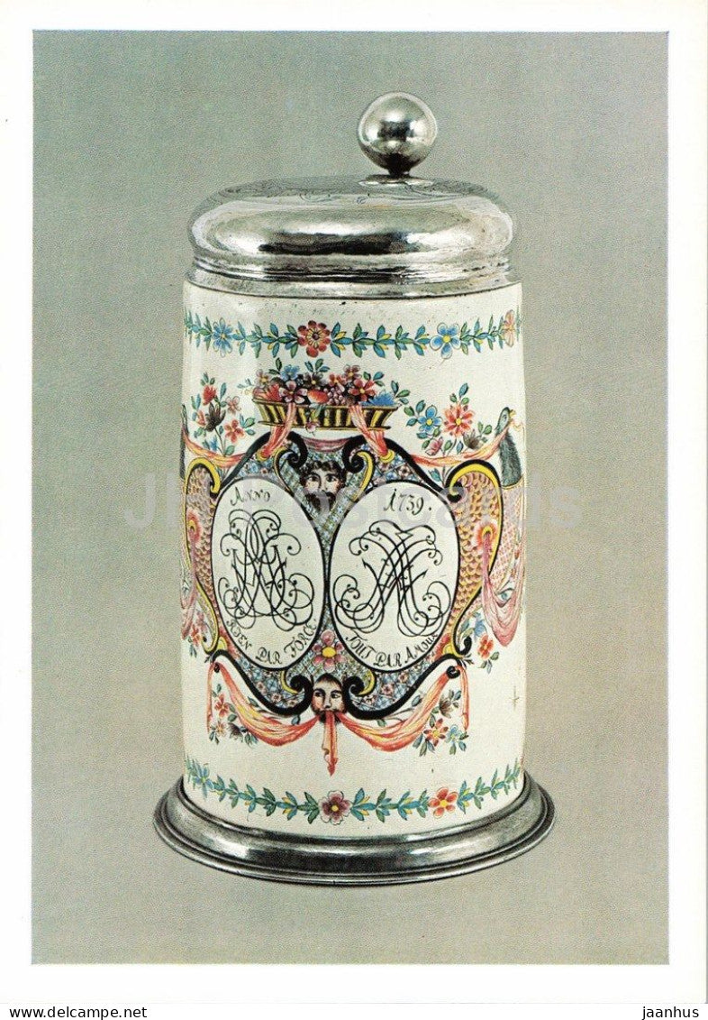 lidded faience tankard - Deckelkrug - painted by J. Ph. Dannhoffer - Bayreuth 1739 - 1970s - Germany - unused - JH Postcards