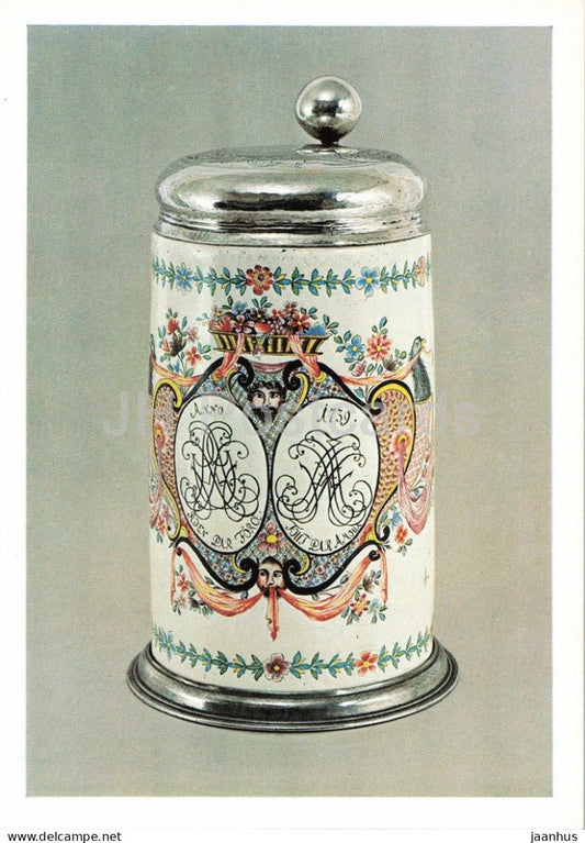 lidded faience tankard - Deckelkrug - painted by J. Ph. Dannhoffer - Bayreuth 1739 - 1970s - Germany - unused - JH Postcards