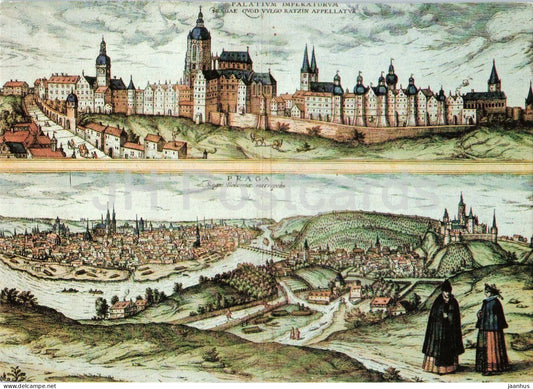 engraving by F. Hoogenberghe - View of Prague in 1572 - Flemish art - Czechoslovakia - unused - JH Postcards