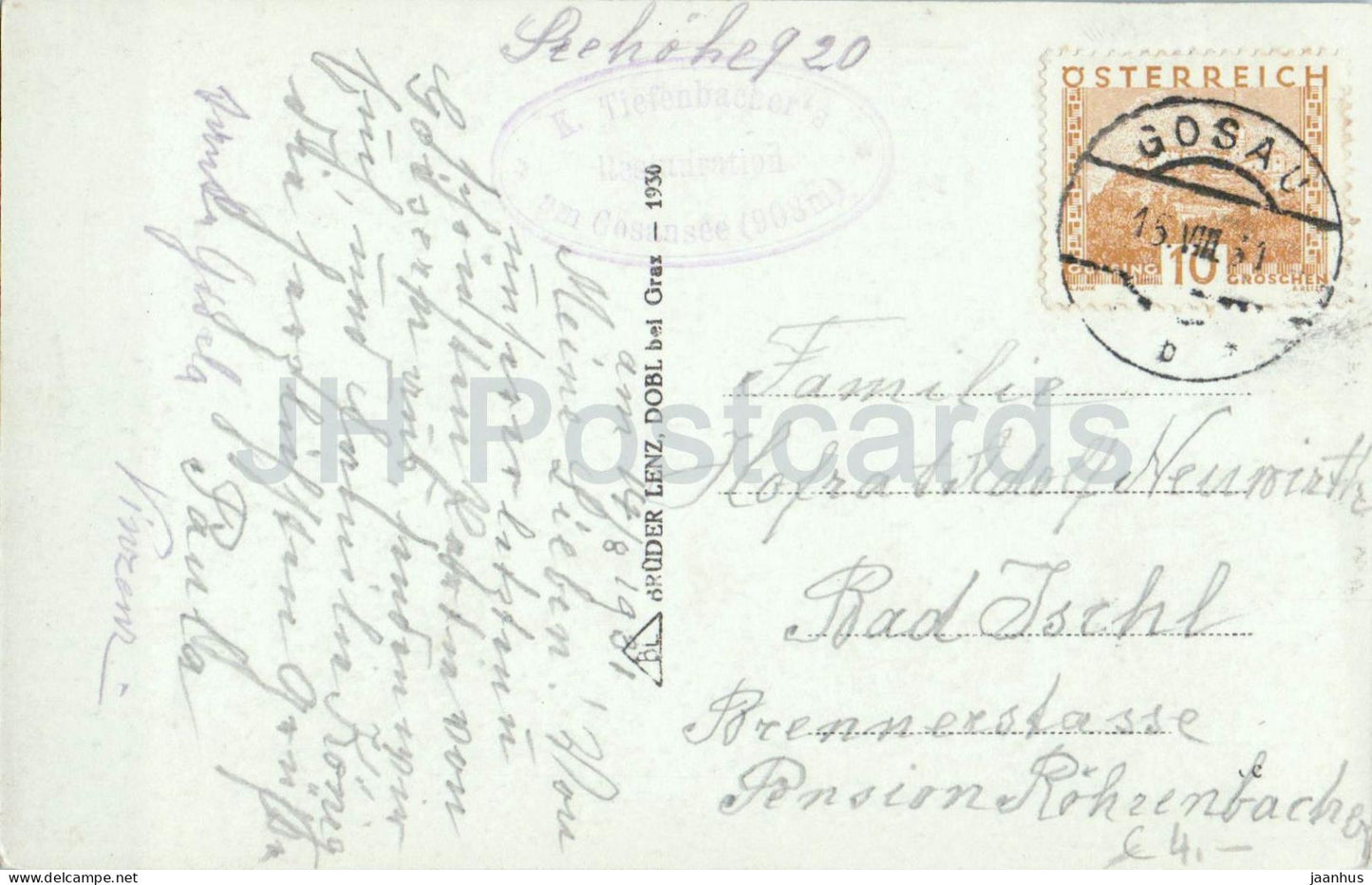 Vorderer Gosausee mit Dachstein 2996 m - K. Tiefenbacher Restauration - bateau - carte postale ancienne 1017 - 1931 - Autriche - Occasion 