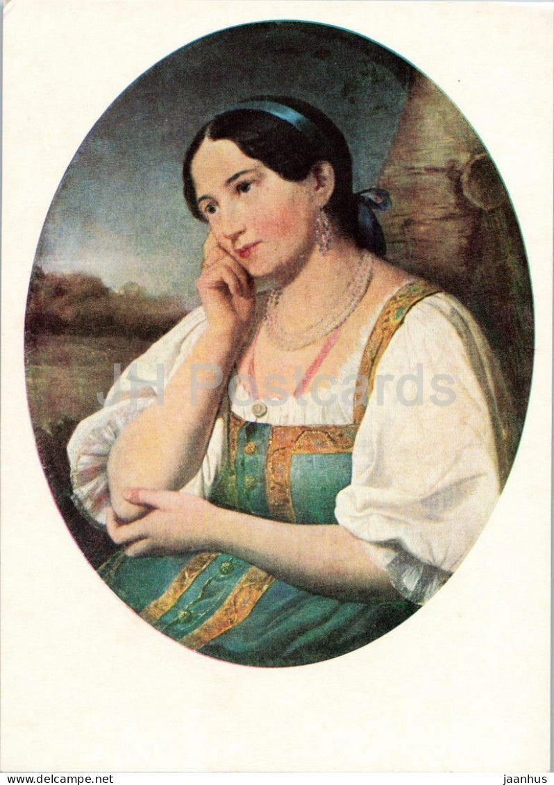 painting by Ivan Argunov - Portrait of a Peasant Woman in Russian folk costumes Russian art 1968 - Russia USSR - unused - JH Postcards