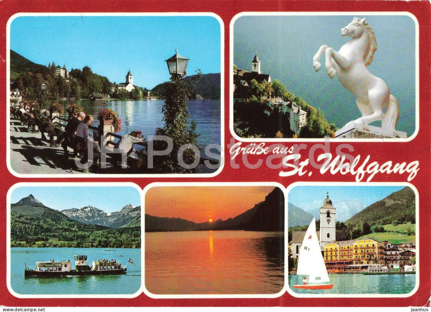 Grusse aus St. Wolfgang - Greetings from St. Wolfgang - multiview lake mountains town - boat - 1993 - Austria - used - JH Postcards