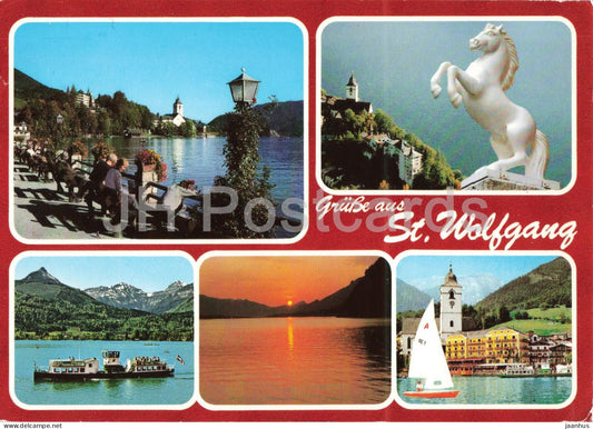 Grusse aus St. Wolfgang - Greetings from St. Wolfgang - multiview lake mountains town - boat - 1993 - Austria - used - JH Postcards
