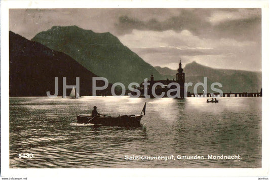 Salzkammergut - Gmunden - Mondnacht - Moonlit Night - boat - 5430 - old postcard - 1940 - Austria - used - JH Postcards