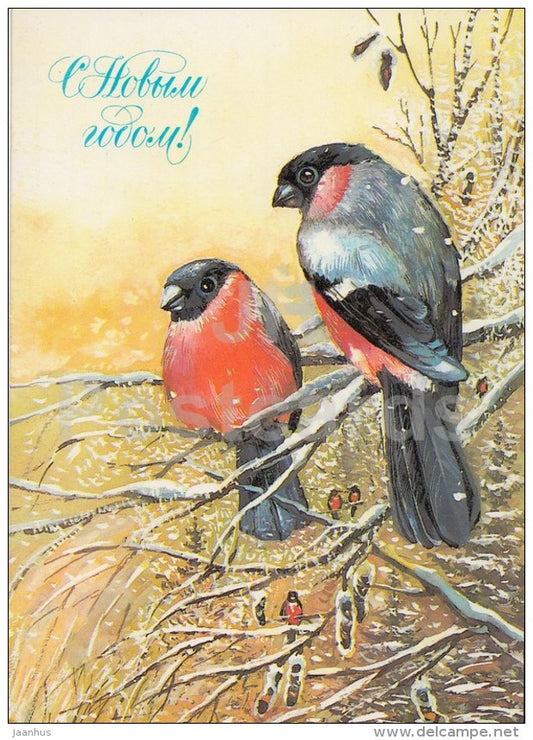 New Year Greeting Card by T. Panchenko - bullfinch - birds - postal stationery - 1986 - Russia USSR - used - JH Postcards