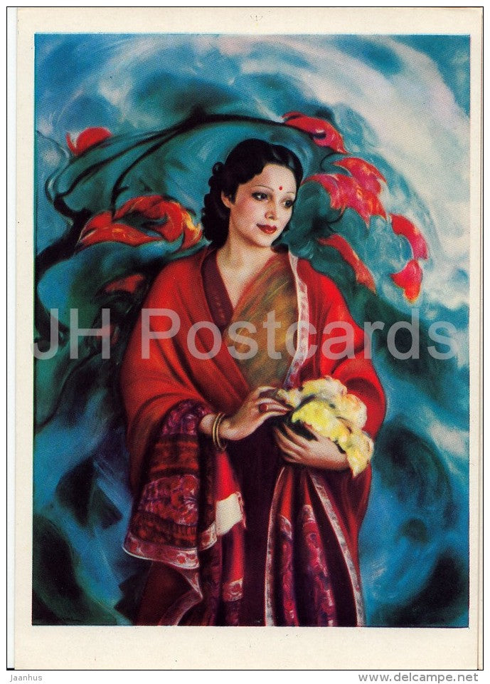 painting by S. Roerich - Devika Rani Roerich . Artist´s Wife , 1951 - woman - Russian art - 1960 - Russia USSR - u - JH Postcards