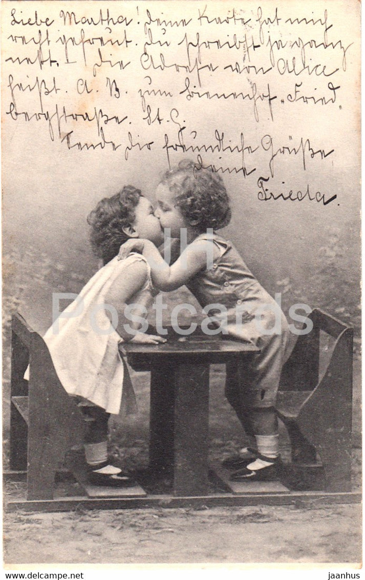 kissing children - girl and boy - old postcard - 1902 - used - JH Postcards