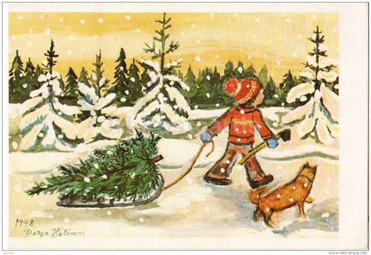 Christmas Greeting Card by Pirjo Hällinen - boy with sledge - christmas tree - christmas stamp - Finland - used - JH Postcards