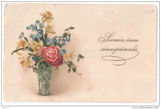 Birthday Greeting Card - Narcissus - flowers in the vase - old postcard - circulated in Estonia - JH Postcards