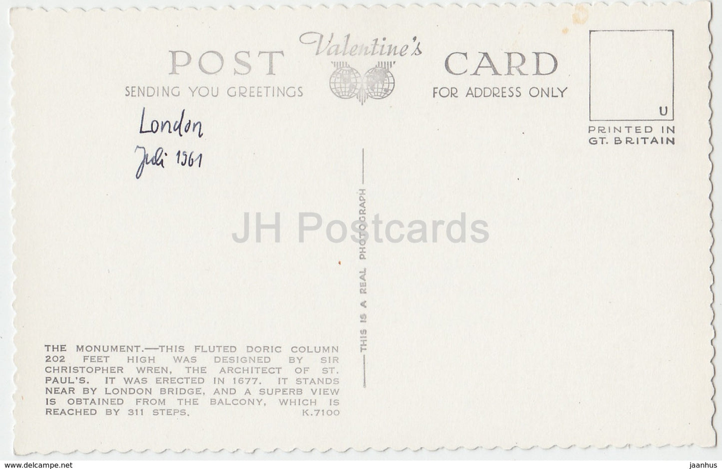 London – The Monument – ​​Säule – K 7100 – 1961 – Vereinigtes Königreich – England – gebraucht