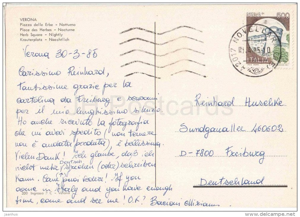 Piazza delle Erbe , Notturno - Herb Square - Verona - Veneto - 330 - Italia - Italy - sent from Italy to Germany 1985 - JH Postcards