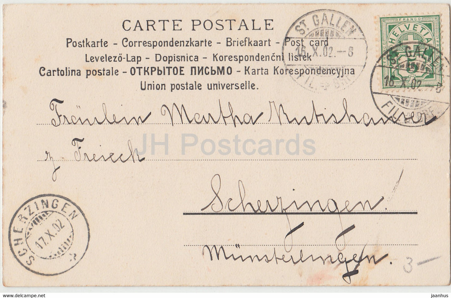 kissing children - girl and boy - old postcard - 1902 - used