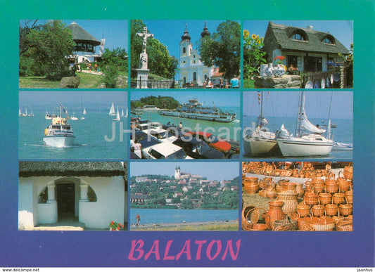 Balaton - church - sailing boat - baskets - multiview - 1990s - Hungary - used - JH Postcards