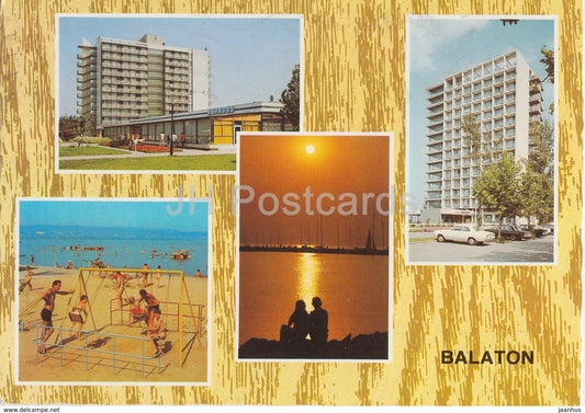Greetings from lake Balaton - beach - hotel - multiview - 1982 - Hungary - used - JH Postcards