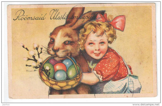 Easter greeting card - hare - girl - eggs - WO 1227 - old postcard - circulated in Estonia - used - JH Postcards