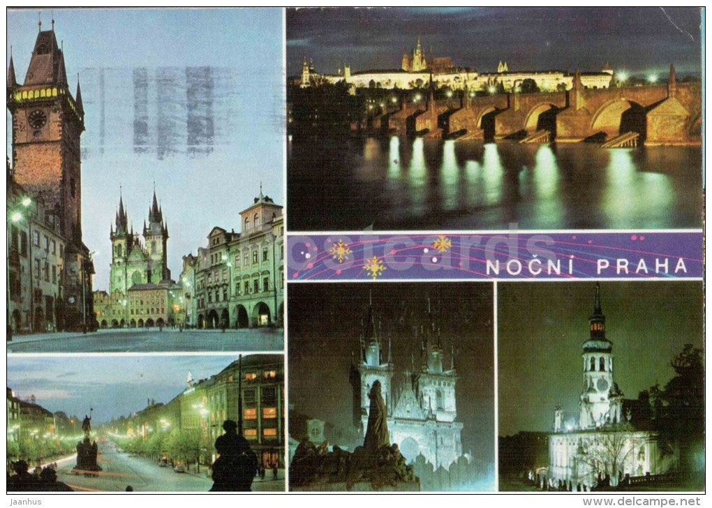 Old Town Hall square - Hradcany - Charles bridge - Praha at night  - Prague - Czechoslovakia - Czech - used 1973 - JH Postcards