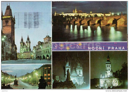 Old Town Hall square - Hradcany - Charles bridge - Praha at night  - Prague - Czechoslovakia - Czech - used 1973 - JH Postcards
