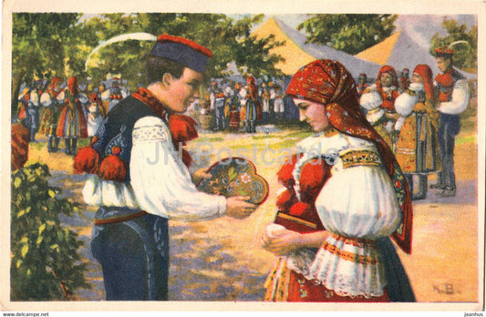 painting by Konst Busek - Na Pouti - folk costumes - old postcard - Czech art - Czech Republic - used - JH Postcards