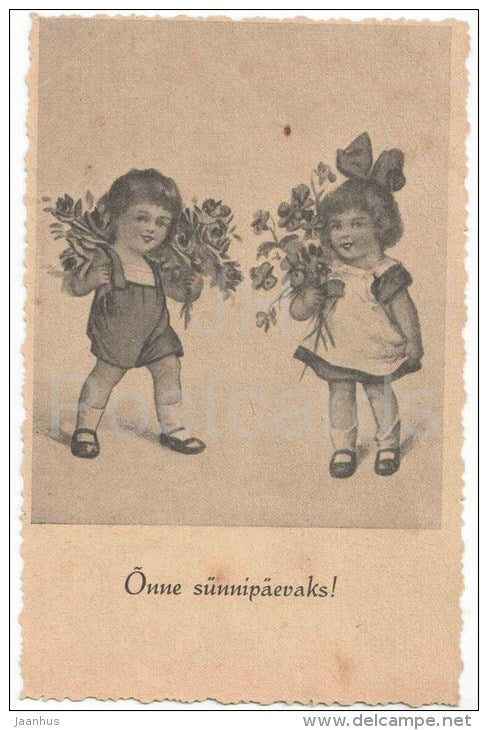 Birthday Greeting Card - children with flowers - T.E.K. - old postcard - unused - JH Postcards