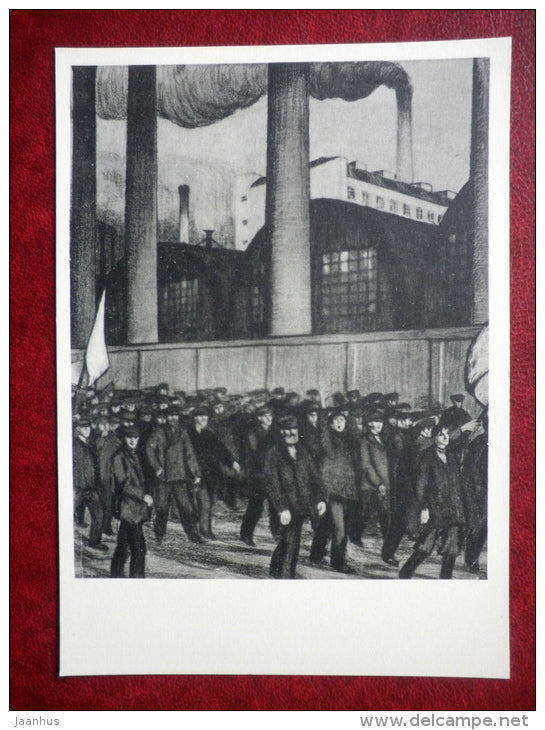 drawing by M. Kustodiev - Demonstration 1905 , 1906 - indrusty buildings - russian art - unused - JH Postcards