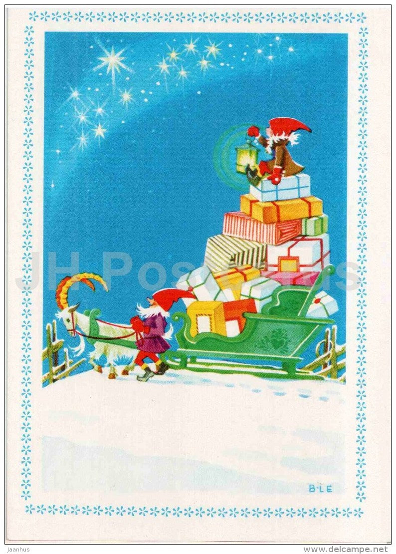 Christmas Greeting Card - illustration - sledge - gnomes - B-LE - Finland - used in 1995 - JH Postcards