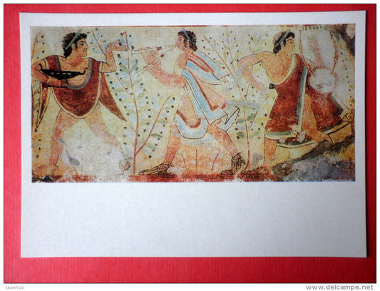 Musicians . detail of the fresco from Tomb of the Leopards . 475 BC - flute - Etruscan Art - 1975 - Russia USSR - unused - JH Postcards