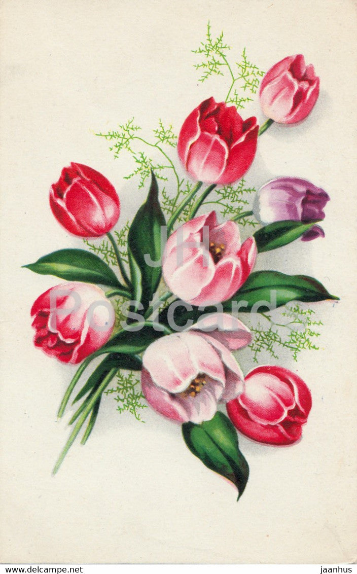 flowers - Tulips - illustration - Guy - old postcard - France - used - JH Postcards