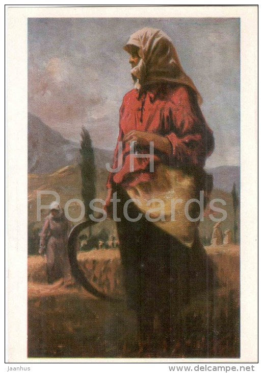 painting by U. Dzhaparidze - Collective Farm workers of Gari , 1951 - sickle - georgian art - unused - JH Postcards