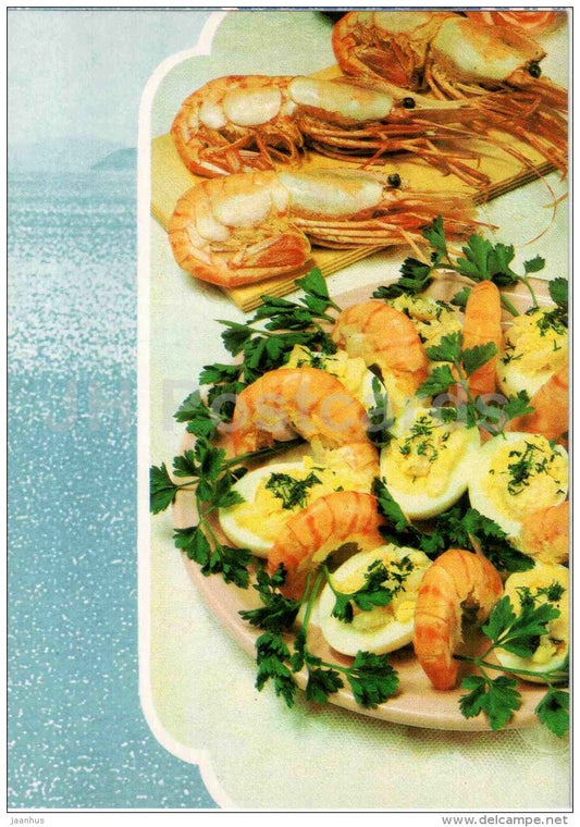 Eggs stuffed with shrimps - Fish Dishes - cuisine - 1990 - Russia USSR - unused - JH Postcards