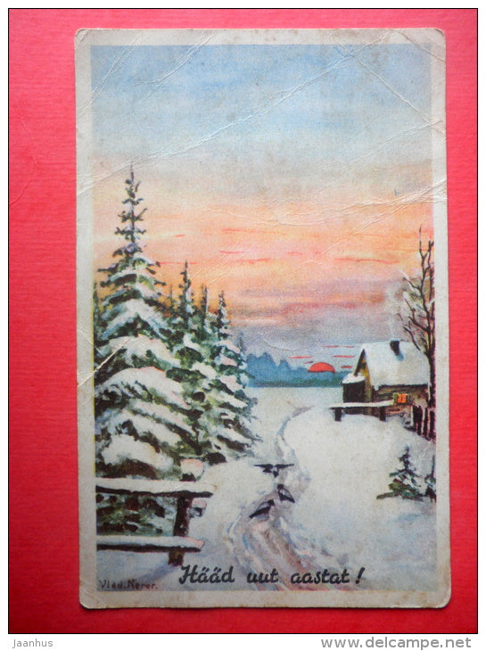 new year greeting card - illustration by Vlad. Nerer - winter road - village - circulated in Estonia 1930s - JH Postcards