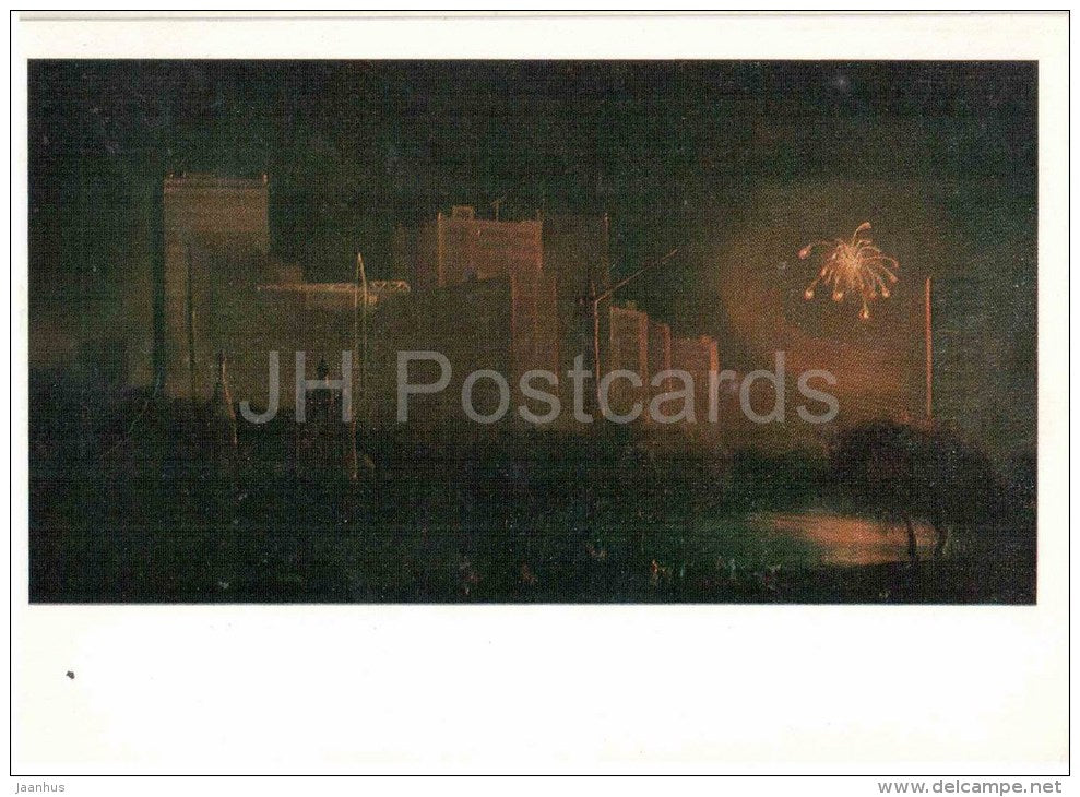 painting by P. Bludnov - Fireworks in the new district , 1982 - city - russian art - unused - JH Postcards