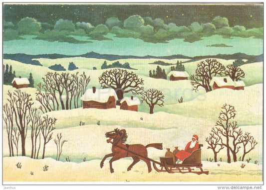 New Year Greeting card by J. Tammsaar - Santa Claus - sledge - horse - 1984 - Estonia USSR - used - JH Postcards